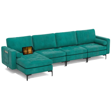 Modular L-shaped Sectional Sofa with Reversible Chaise and 2 USB Ports-Teal - Teal - Sofas & Loveseats
