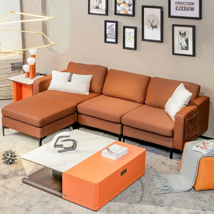 Modular L-shaped Sectional Sofa with Reversible Chaise and 2 USB Ports-Orange - Orange - Sofas & Loveseats