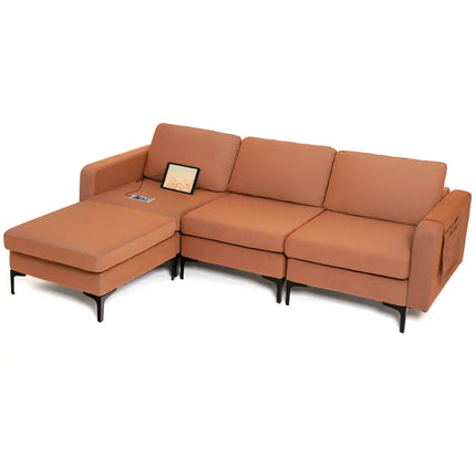 Modular L-shaped Sectional Sofa with Reversible Chaise and 2 USB Ports-Orange - Orange - Sofas & Loveseats