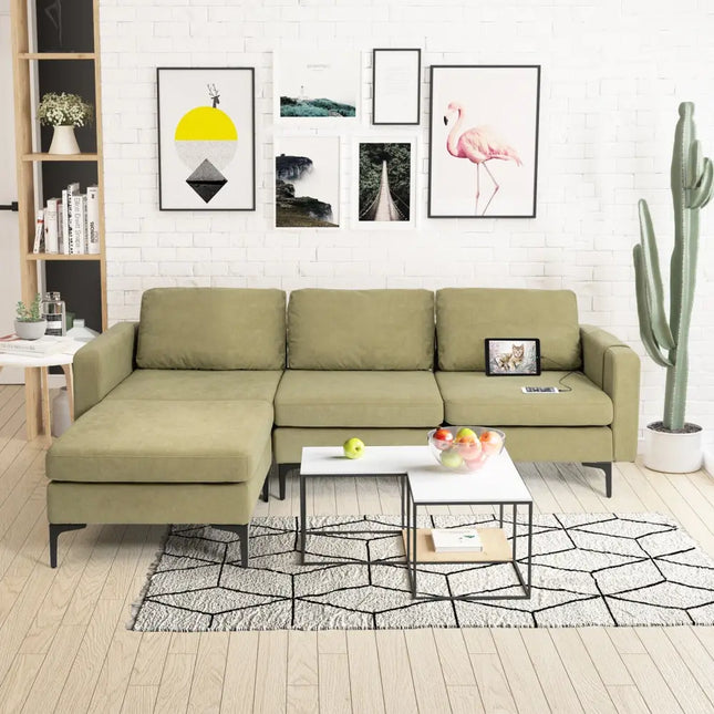 Modular L-shaped Sectional Sofa with Reversible Chaise and 2 USB Ports-Green - Green - Sofas & Loveseats