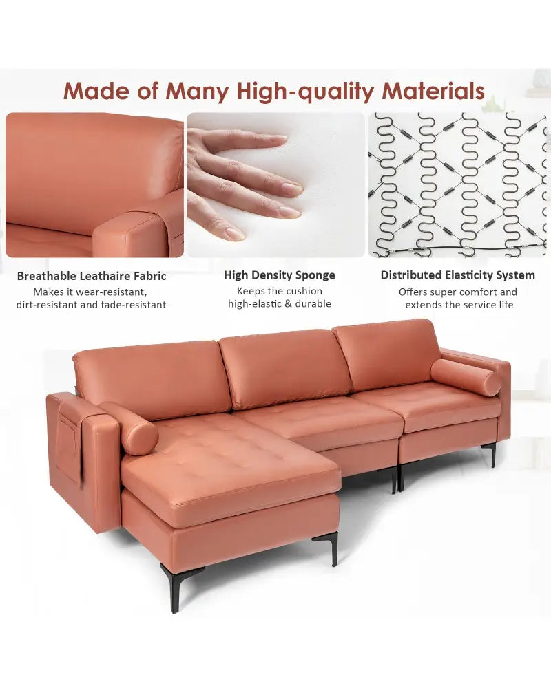Modular L-shaped Sectional Sofa with Reversible Chaise and 2 USB Ports-Pink - Pink - Sofas & Loveseats
