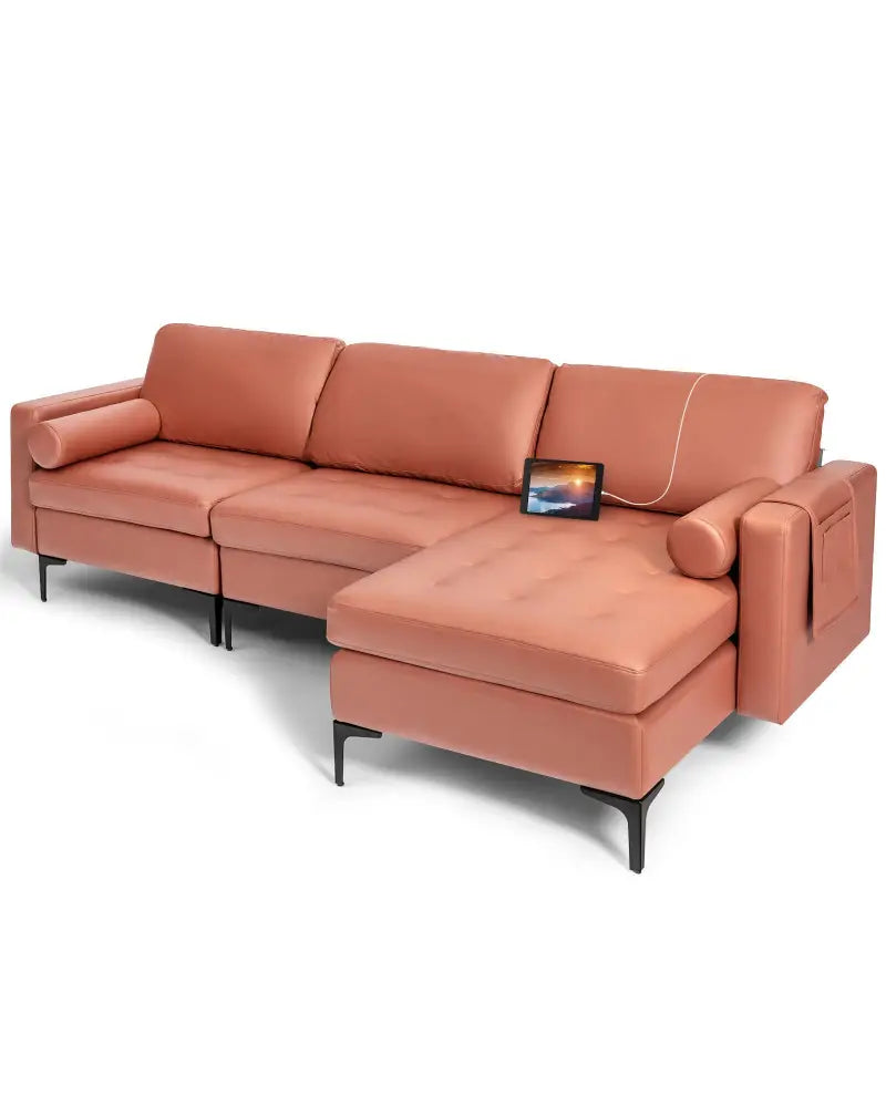 Modular L-shaped Sectional Sofa with Reversible Chaise and 2 USB Ports-Pink - Pink - Sofas & Loveseats