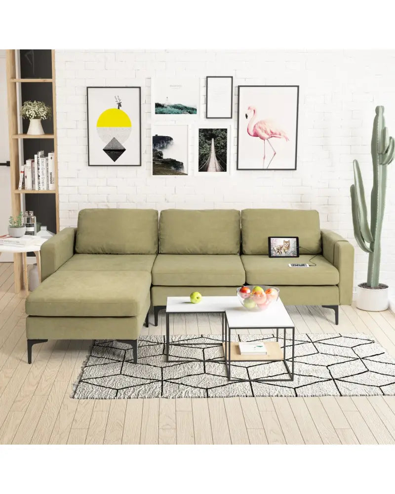 Modular L-shaped Sectional Sofa with Reversible Chaise and 2 USB Ports-Green - Green - Sofas & Loveseats