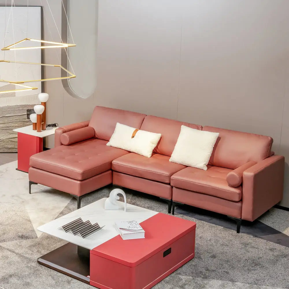Modular L-shaped Sectional Sofa with Reversible Chaise and 2 USB Ports-Pink - Pink - Sofas & Loveseats