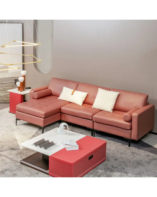Modular L-shaped Sectional Sofa with Reversible Chaise and 2 USB Ports-Pink - Pink - Sofas & Loveseats