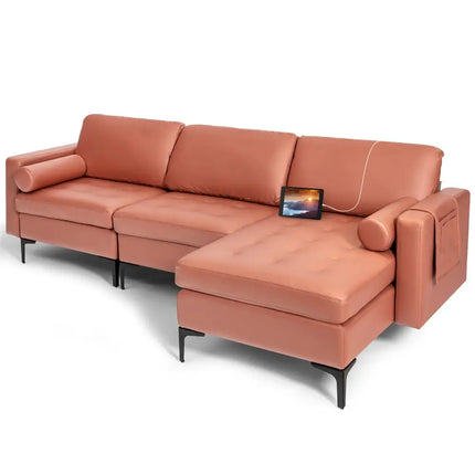 Modular L-shaped Sectional Sofa with Reversible Chaise and 2 USB Ports-Pink - Pink - Sofas & Loveseats