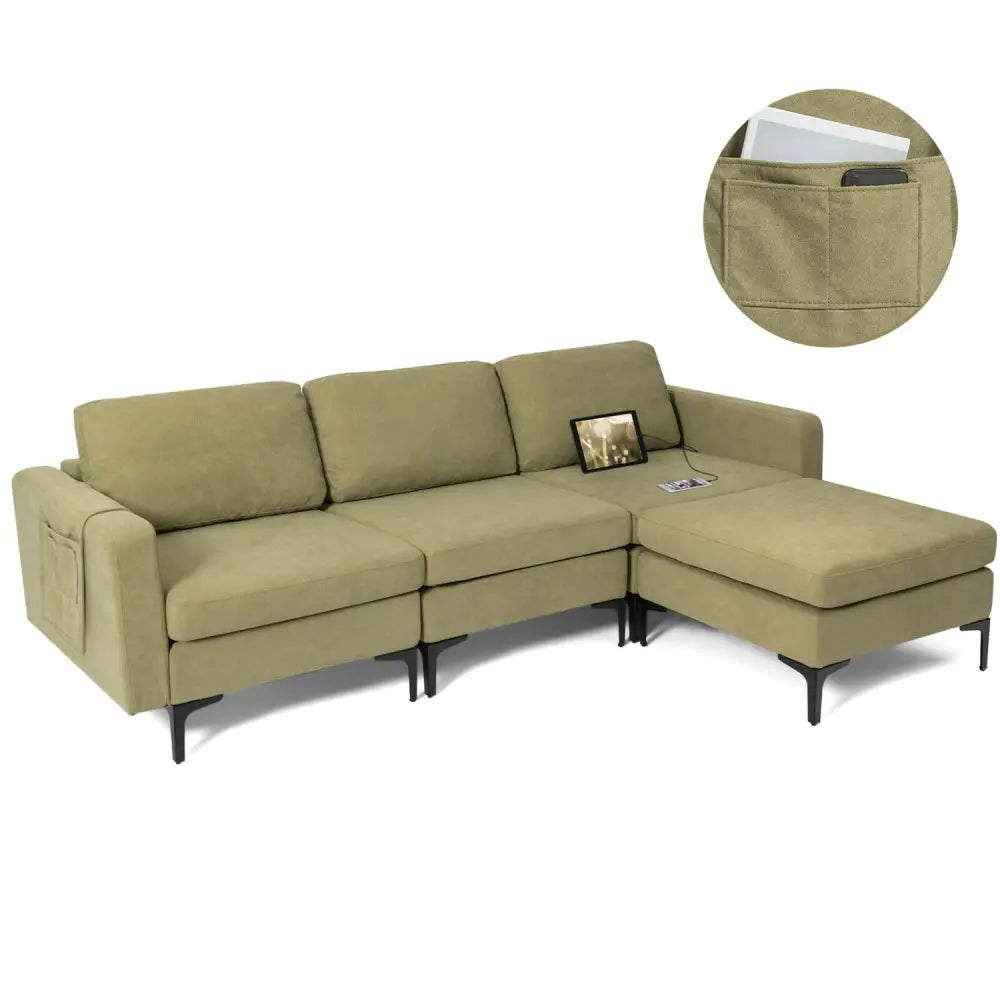 Modular L-shaped Sectional Sofa with Reversible Chaise and 2 USB Ports-Green - Green - Sofas & Loveseats