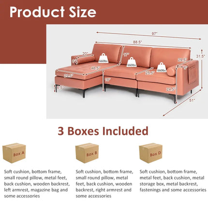 Modular L-shaped Sectional Sofa with Reversible Chaise and 2 USB Ports-Pink - Pink - Sofas & Loveseats