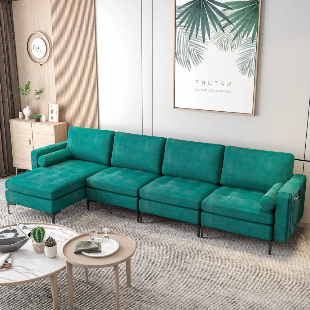 Modular L-shaped Sectional Sofa with Reversible Chaise and 2 USB Ports-Teal - Teal - Sofas & Loveseats
