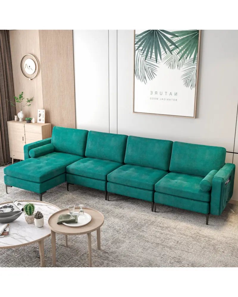Modular L-shaped Sectional Sofa with Reversible Chaise and 2 USB Ports-Teal - Teal - Sofas & Loveseats
