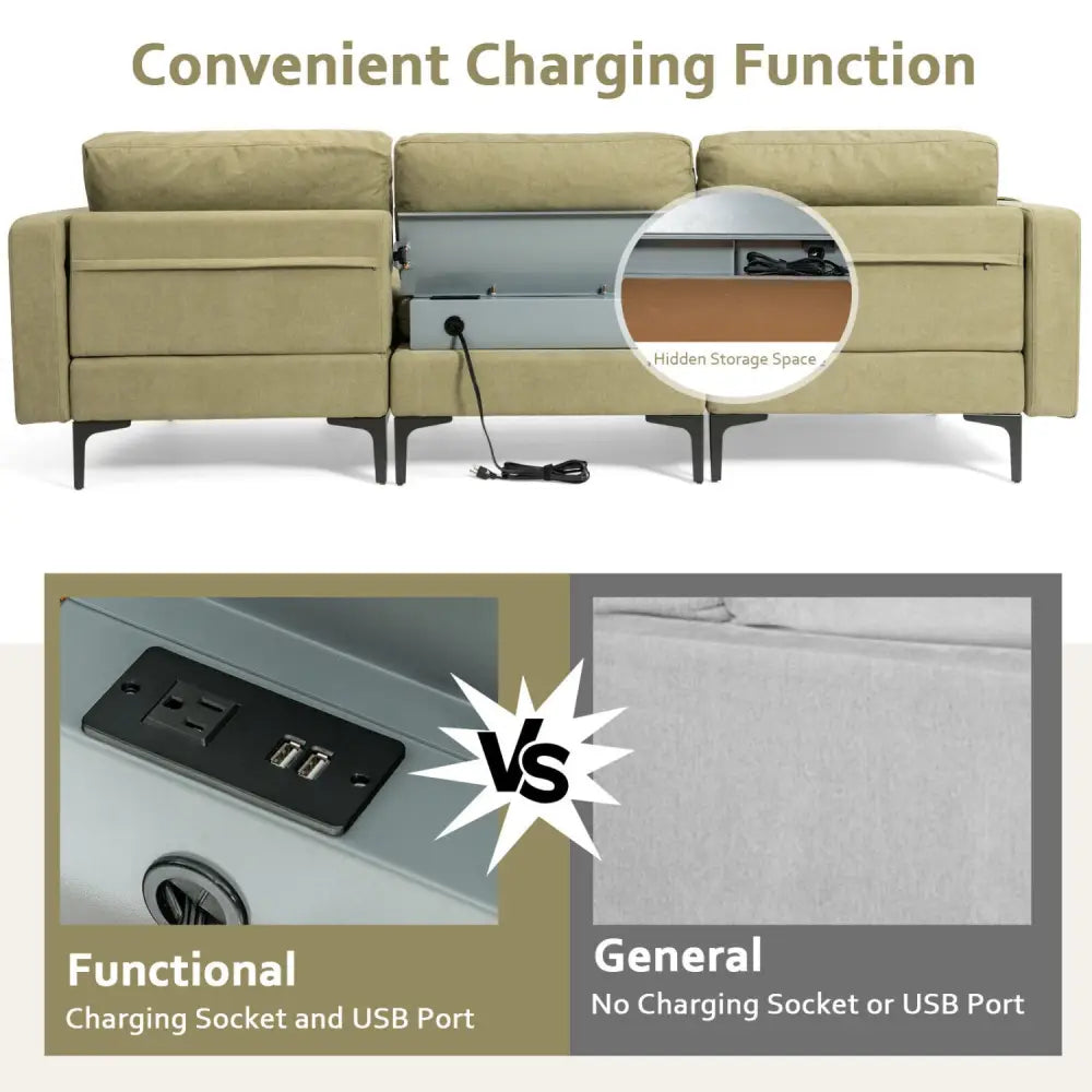 Modular L-shaped Sectional Sofa with Reversible Chaise and 2 USB Ports-Green - Green - Sofas & Loveseats