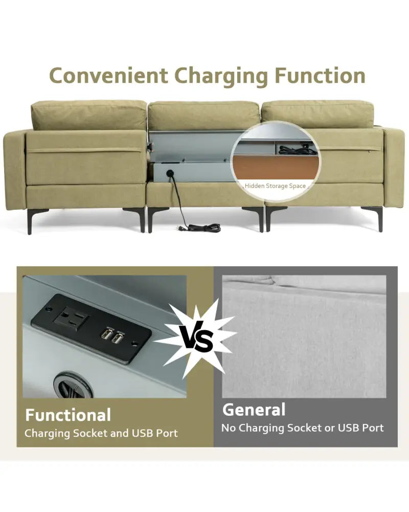 Modular L-shaped Sectional Sofa with Reversible Chaise and 2 USB Ports-Green - Green - Sofas & Loveseats