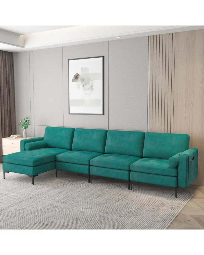 Modular L-shaped Sectional Sofa with Reversible Chaise and 2 USB Ports-Teal - Teal - Sofas & Loveseats