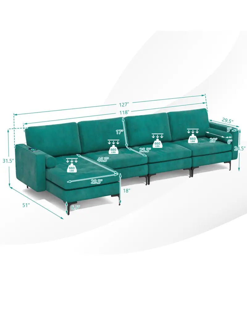 Modular L-shaped Sectional Sofa with Reversible Chaise and 2 USB Ports-Teal - Teal - Sofas & Loveseats