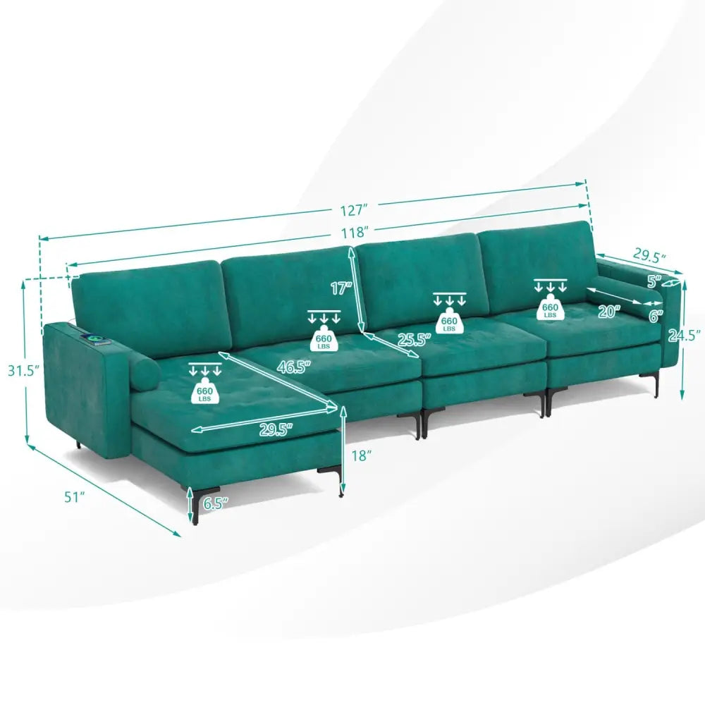 Modular L-shaped Sectional Sofa with Reversible Chaise and 2 USB Ports-Teal - Teal - Sofas & Loveseats