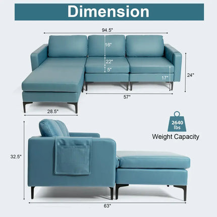 Modular L-shaped Sectional Sofa with Reversible Chaise and 2 USB Ports-Blue - Blue - Sofas & Loveseats