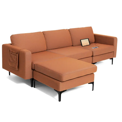 Modular L-shaped Sectional Sofa with Reversible Chaise and 2 USB Ports-Orange - Orange - Sofas & Loveseats