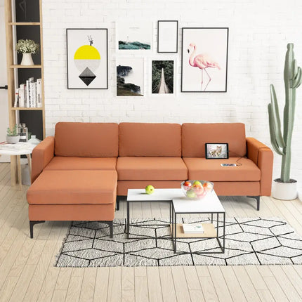 Modular L-shaped Sectional Sofa with Reversible Chaise and 2 USB Ports-Orange - Orange - Sofas & Loveseats