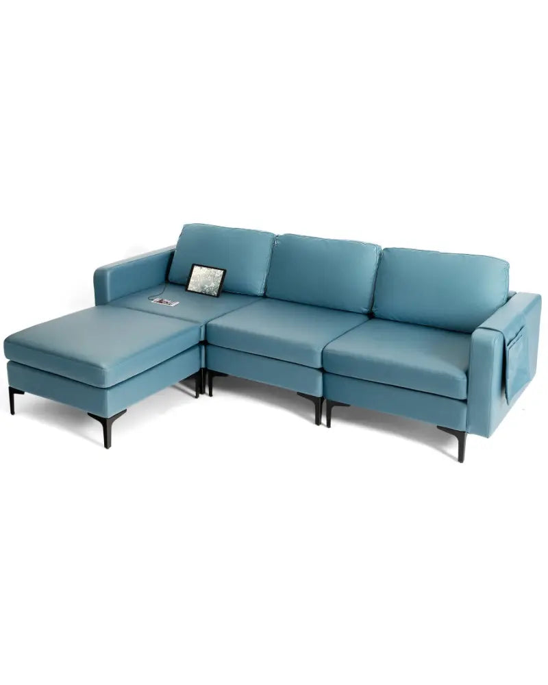 Modular L-shaped Sectional Sofa with Reversible Chaise and 2 USB Ports-Blue - Blue - Sofas & Loveseats