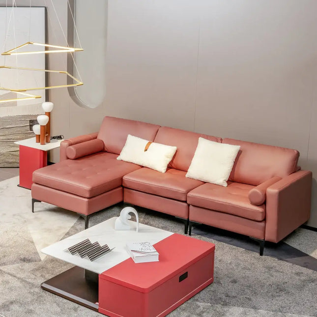Modular L-shaped Sectional Sofa with Reversible Chaise and 2 USB Ports-Pink - Pink - Sofas & Loveseats