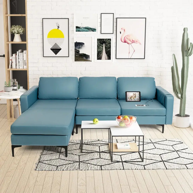 Modular L-shaped Sectional Sofa with Reversible Chaise and 2 USB Ports-Blue - Blue - Sofas & Loveseats