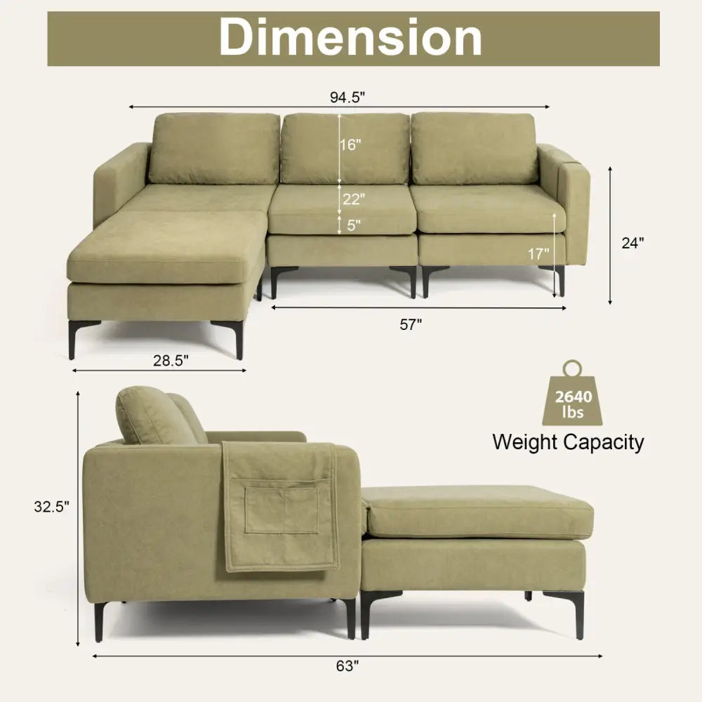 Modular L-shaped Sectional Sofa with Reversible Chaise and 2 USB Ports-Green - Green - Sofas & Loveseats