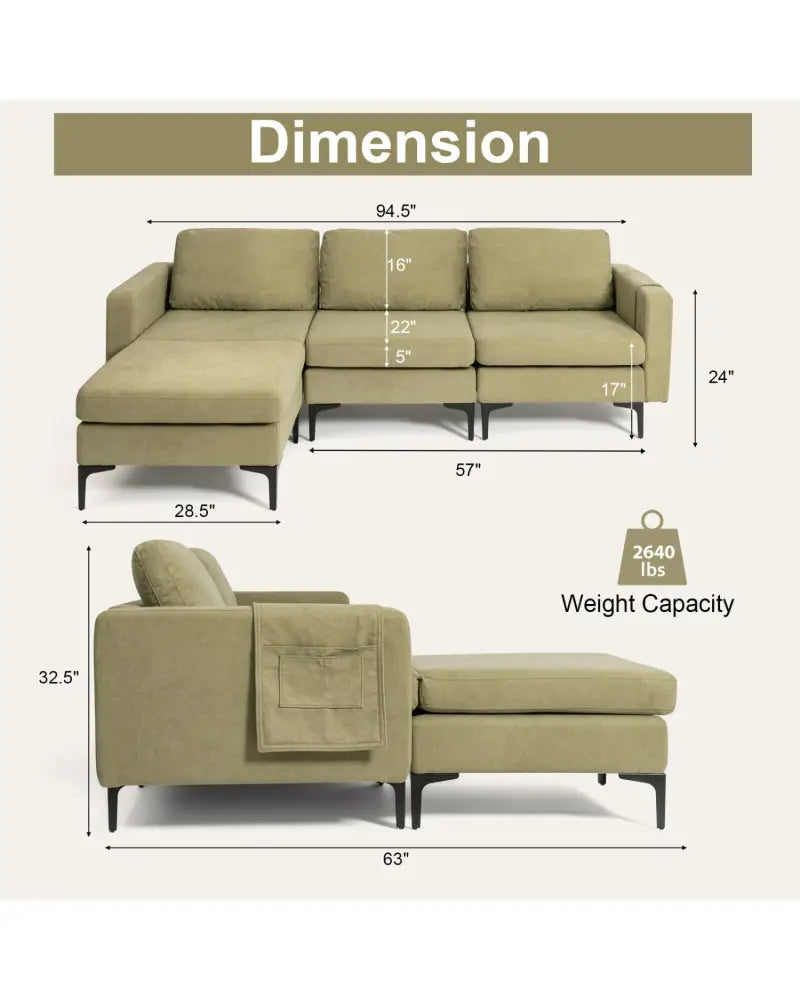 Modular L-shaped Sectional Sofa with Reversible Chaise and 2 USB Ports-Green - Green - Sofas & Loveseats