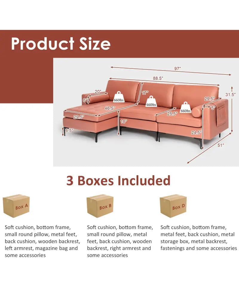 Modular L-shaped Sectional Sofa with Reversible Chaise and 2 USB Ports-Pink - Pink - Sofas & Loveseats