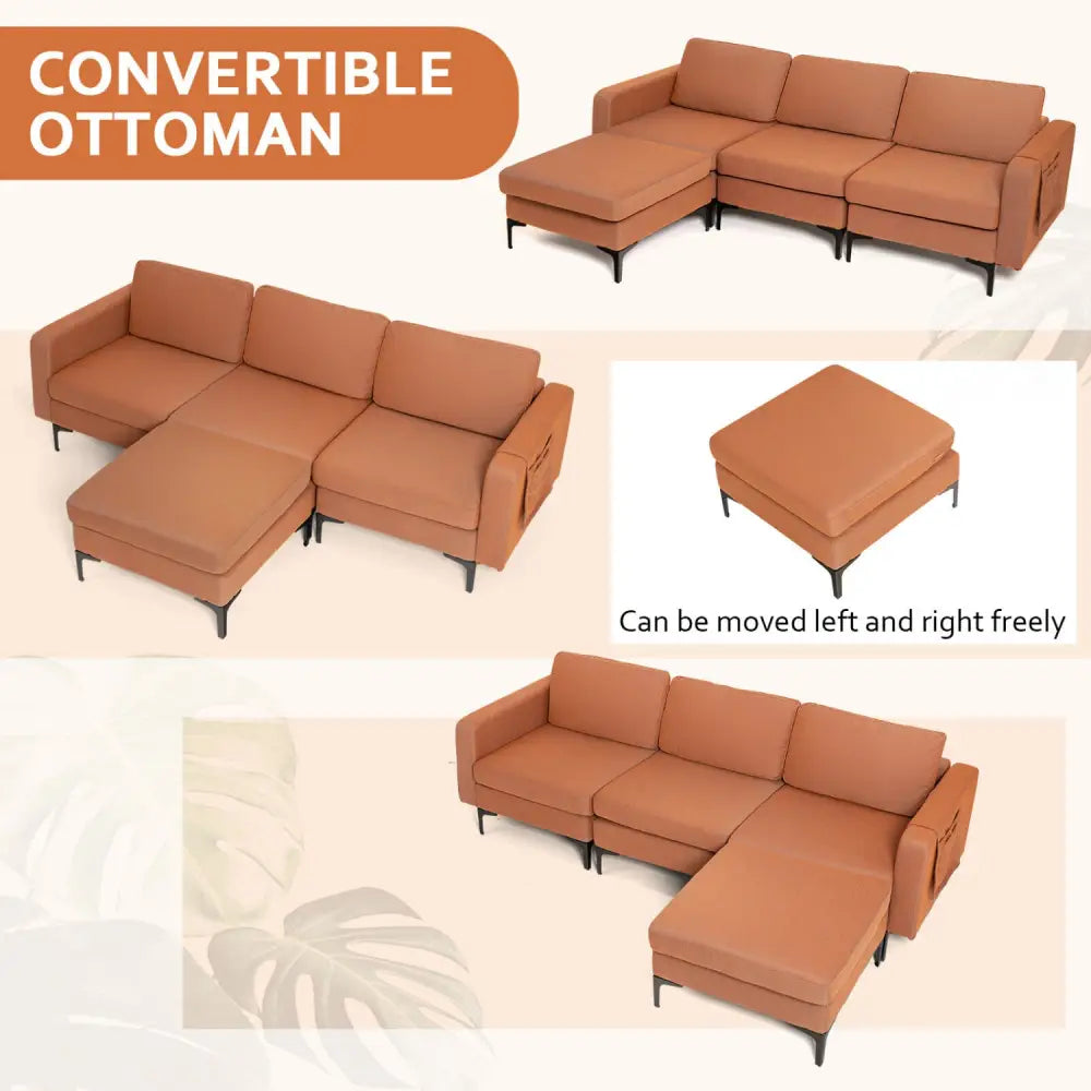 Modular L-shaped Sectional Sofa with Reversible Chaise and 2 USB Ports-Orange - Orange - Sofas & Loveseats