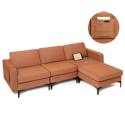 Modular L-shaped Sectional Sofa with Reversible Chaise and 2 USB Ports-Orange - Orange - Sofas & Loveseats