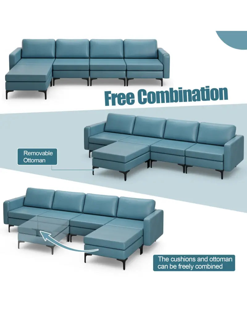 Modular L-shaped Sectional Sofa with Reversible Ottoman and 2 USB Ports-Blue - Blue - Sofas & Loveseats