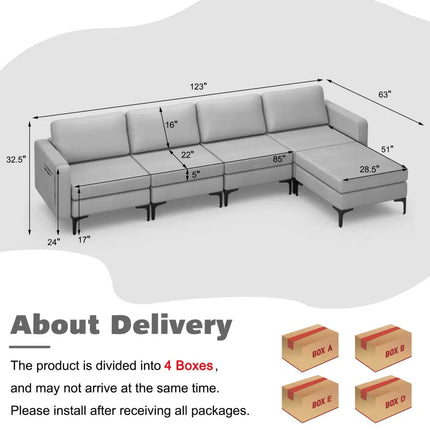 Modular L-shaped Sectional Sofa with Reversible Ottoman and 2 USB Ports-Light Gray - Light Gray - Sofas & Loveseats