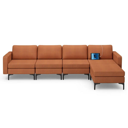 Modular L-shaped Sectional Sofa with Reversible Ottoman and 2 USB Ports-Orange - Orange - Sofas & Loveseats