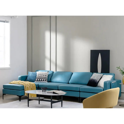 Modular L-shaped Sectional Sofa with Reversible Ottoman and 2 USB Ports-Blue - Blue - Sofas & Loveseats