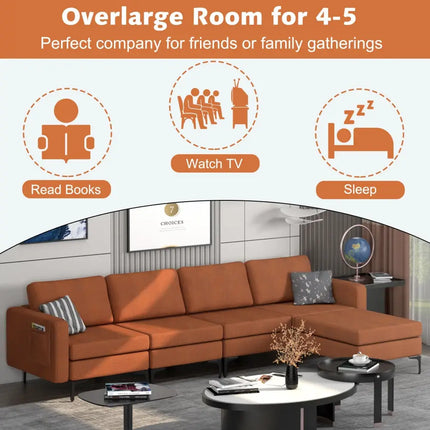 Modular L-shaped Sectional Sofa with Reversible Ottoman and 2 USB Ports-Orange - Orange - Sofas & Loveseats
