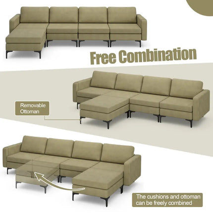 Modular L-shaped Sectional Sofa with Reversible Ottoman and 2 USB Ports-Green - Green - Sofas & Loveseats