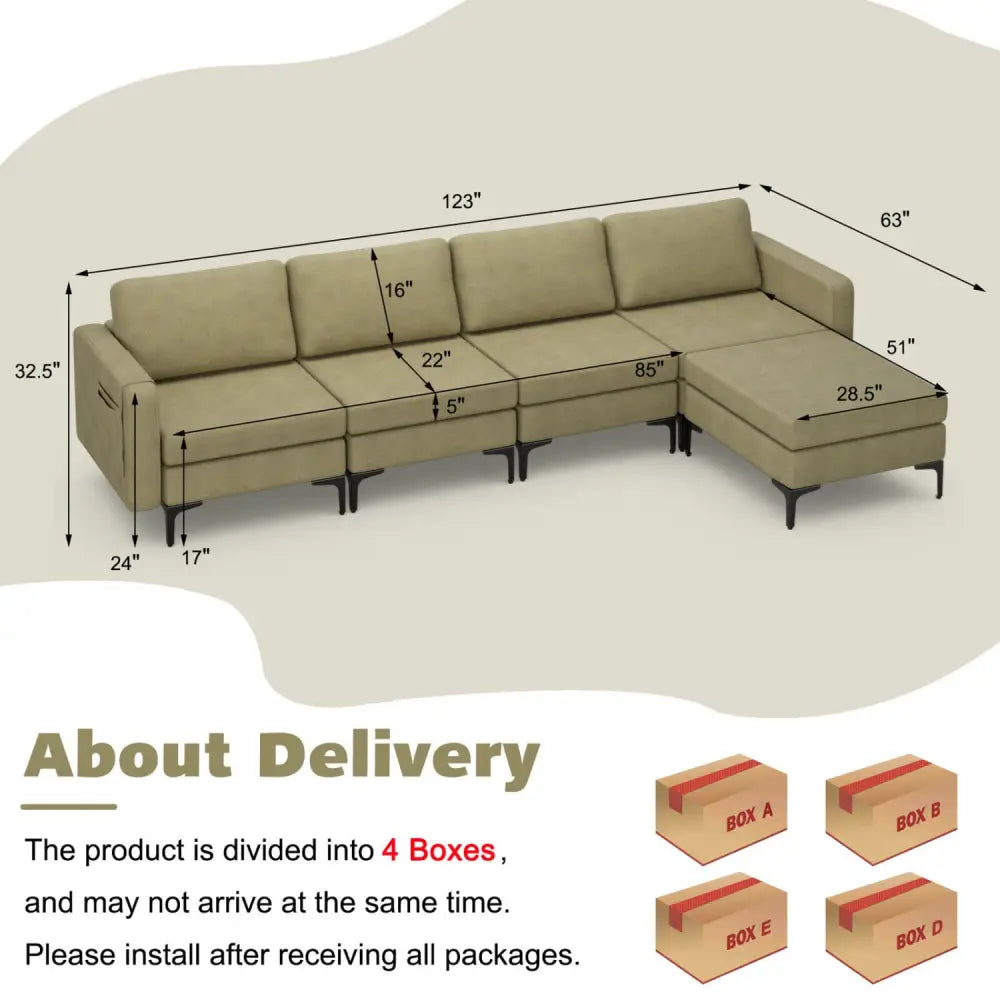 Modular L-shaped Sectional Sofa with Reversible Ottoman and 2 USB Ports-Green - Green - Sofas & Loveseats
