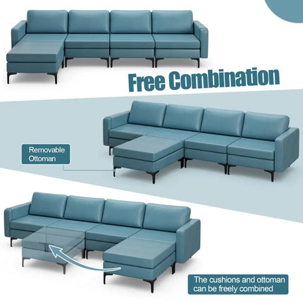 Modular L-shaped Sectional Sofa with Reversible Ottoman and 2 USB Ports-Blue - Blue - Sofas & Loveseats