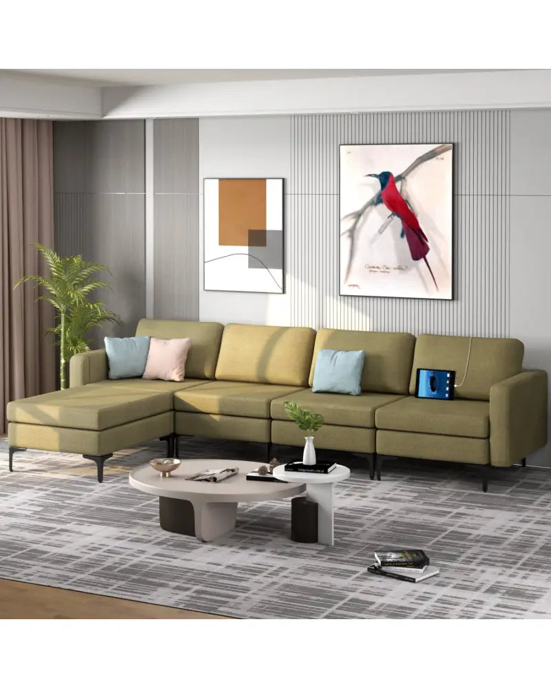 Modular L-shaped Sectional Sofa with Reversible Ottoman and 2 USB Ports-Green - Green - Sofas & Loveseats