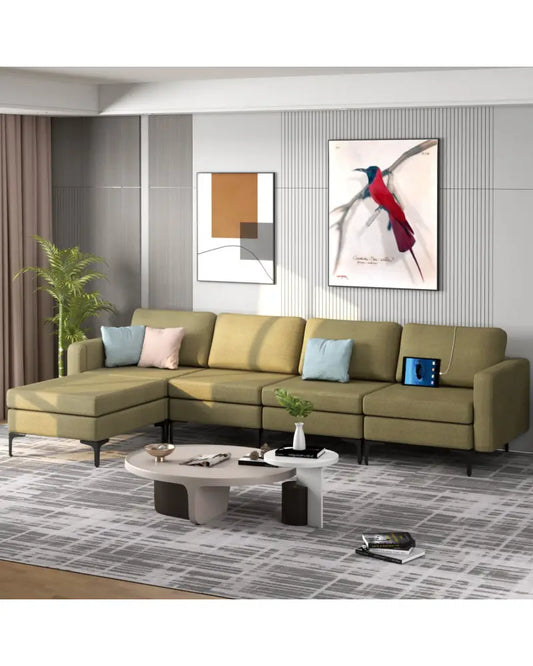 Modular L-shaped Sectional Sofa with Reversible Ottoman and 2 USB Ports-Green - Green - Sofas & Loveseats