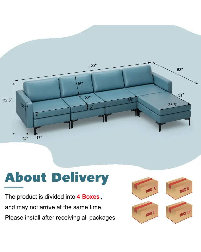 Modular L-shaped Sectional Sofa with Reversible Ottoman and 2 USB Ports-Blue - Blue - Sofas & Loveseats