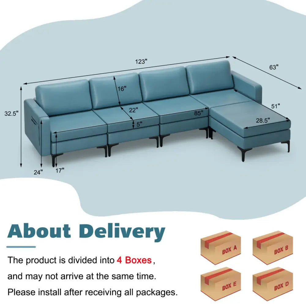 Modular L-shaped Sectional Sofa with Reversible Ottoman and 2 USB Ports-Blue - Blue - Sofas & Loveseats