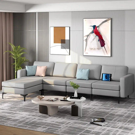 Modular L-shaped Sectional Sofa with Reversible Ottoman and 2 USB Ports-Light Gray - Light Gray - Sofas & Loveseats