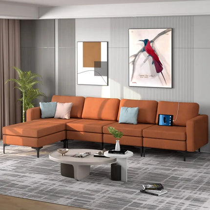 Modular L-shaped Sectional Sofa with Reversible Ottoman and 2 USB Ports-Orange - Orange - Sofas & Loveseats