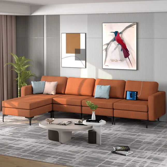Modular L-shaped Sectional Sofa with Reversible Ottoman and 2 USB Ports-Orange - Orange - Sofas & Loveseats