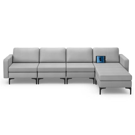 Modular L-shaped Sectional Sofa with Reversible Ottoman and 2 USB Ports-Light Gray - Light Gray - Sofas & Loveseats