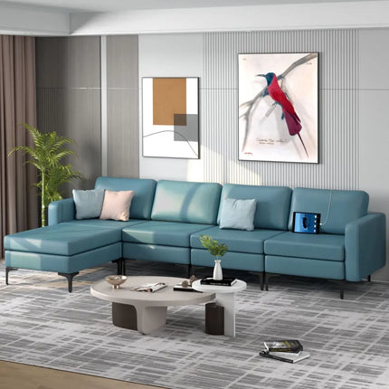 Modular L-shaped Sectional Sofa with Reversible Ottoman and 2 USB Ports-Blue - Blue - Sofas & Loveseats