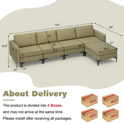 Modular L-shaped Sectional Sofa with Reversible Ottoman and 2 USB Ports-Green - Green - Sofas & Loveseats