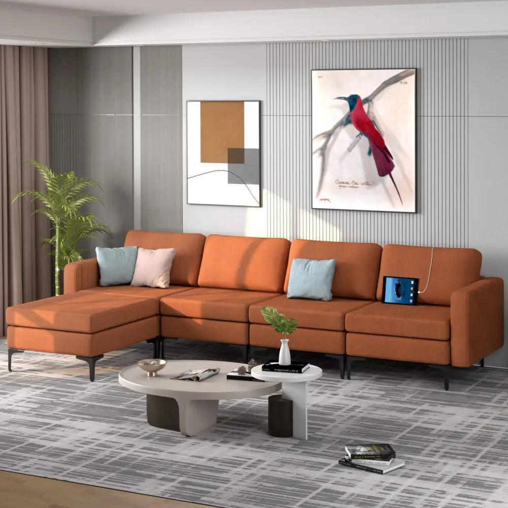 Modular L-shaped Sectional Sofa with Reversible Ottoman and 2 USB Ports-Orange - Orange - Sofas & Loveseats