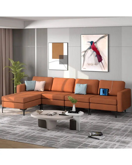 Modular L-shaped Sectional Sofa with Reversible Ottoman and 2 USB Ports-Orange - Orange - Sofas & Loveseats